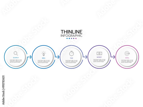 Business infographic thin line process with square template design with icons and 5 options or steps. Vector illustration.