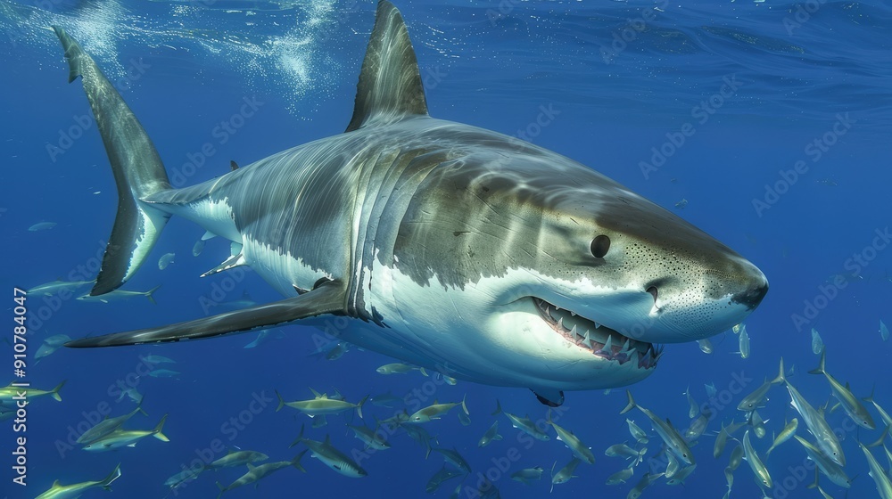 Fototapeta premium Great White Shark Approaching School of Fish in Deep Blue Water