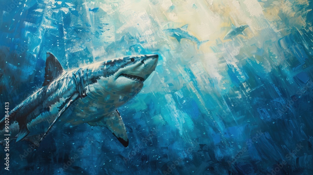 Fototapeta premium Great White Shark Swimming Upwards in Blue Water