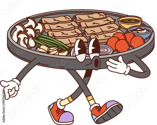 Cartoon groovy Korean samgyeopsal character. Vector popular korean barbecue dish personage featuring a sizzling grill with pork belly slices, mushrooms, garlic, green onions, and various side dishes