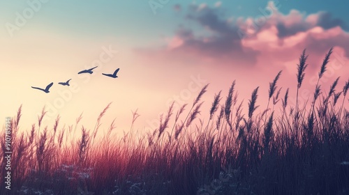 Fototapeta Naklejka Na Ścianę i Meble -  Silhouette of birds flying at sunrise over tall grasses symbolizing freedom and serenity in a peaceful natural landscape