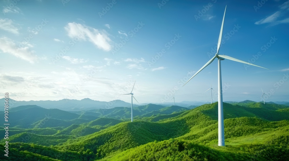 Green energy growth with wind turbines in a lush landscape, promoting a low-carbon future Green energy growth with wind turbines in a lush landscape, promoting a low-carbon future