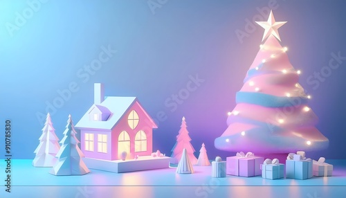 3D rendering of a Christmas tree at night with gifts and snowflakes.