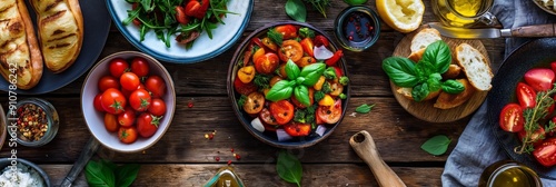 Wallpaper Mural Assorted dishes of salad with freshly cut ingredients, leafy greens, and juicy tomatoes are beautifully arranged on a rustic wooden table. Torontodigital.ca