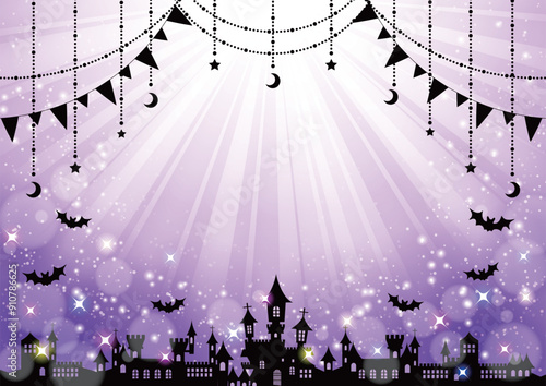 ハロウィン、キラキラ、シルエット、紫、集中線、かわいい、イラスト、背景、フレーム、横