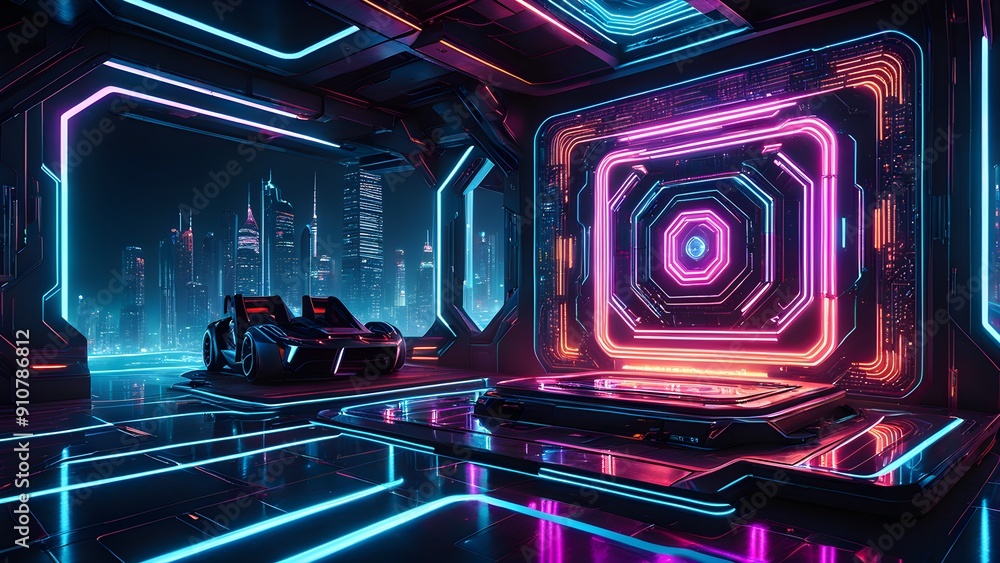 A neon room with a car and a neon sign