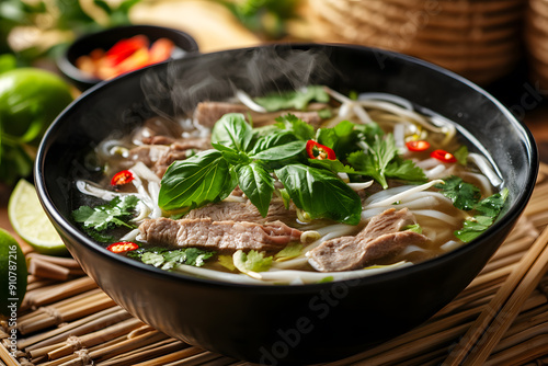 Aromatic Vietnamese pho with beef, fresh rice noodles, and garnished herbs in a cozy traditional setting