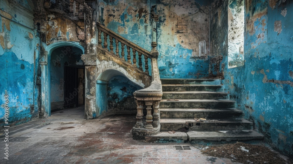 Fototapeta premium Abandoned interior with a distressed blue wall and crumbling staircase, highlighting architectural decay and urban exploration.