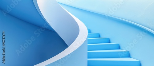 Abstract image of a modern, curved blue staircase with elegant lines and smooth surfaces, invoking a sense of futuristic architecture. photo