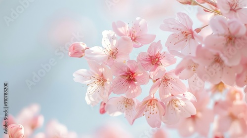 Soft pink cherry blossoms against a pale blue sky, creating a gentle and soothing background for your content.