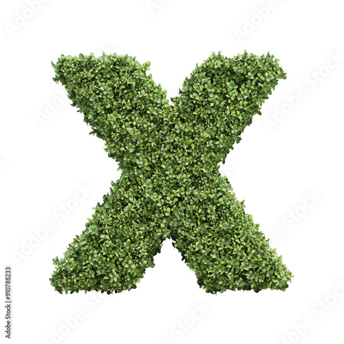 Realistic plant leaves bush alphabet letter x isolated on transparent background, lowercase. It is part of a set which also includes capital or uppercase letters, numbers and shapes.