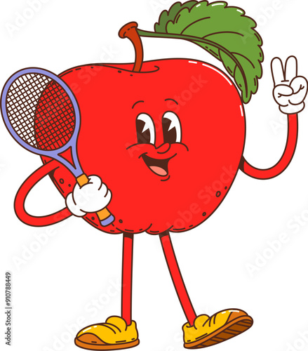 Cartoon groovy red apple fruit character holding a tennis racket and flashing the peace sign. Isolated vector cheerful and playful ripe garden fruit sportsman promotes fun and happy sports lifestyle