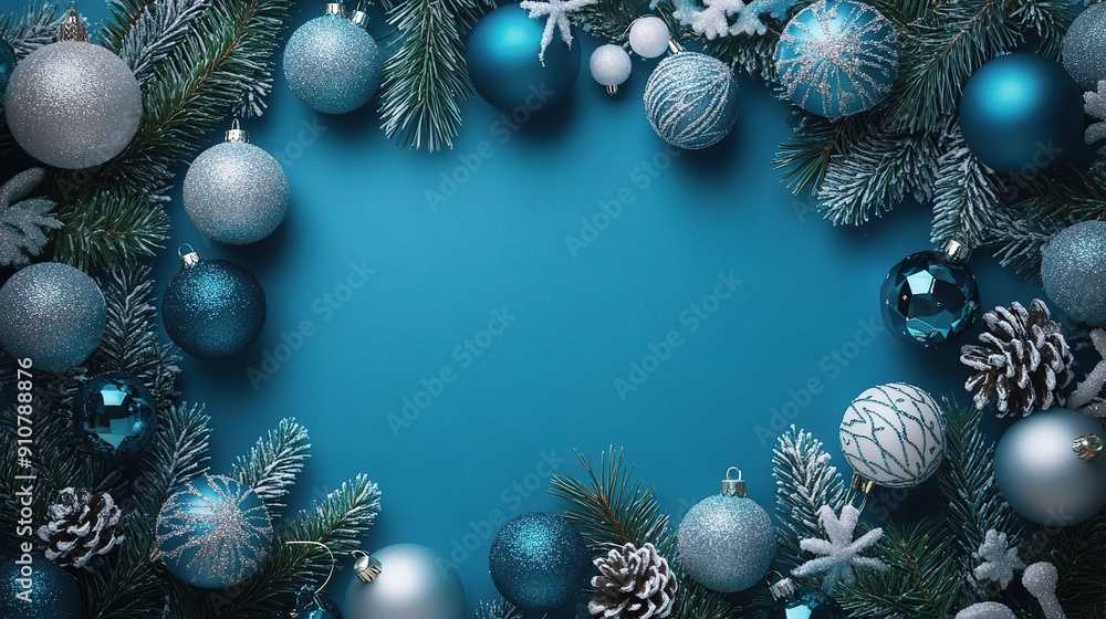 Winter Wonderland Frame: A festive and elegant frame of silver and blue Christmas ornaments, pine branches, and snowflakes on a classic blue background Winter Wonderland Frame: A festive and elegant frame of silver and blue Christmas ornaments, pine branches, and snowflakes on a classic blue background