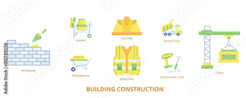 Building Construction Flat Banner Web Icon Set Vector Illustration, Hard Hat Safety Vest Construction Tool Grinder Crane Dump Truck Wheelbarrow Bricklaying
