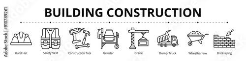 Building Construction Line Banner Web Icon Set Vector Illustration, Hard Hat Safety Vest Construction Tool Grinder Crane Dump Truck Wheelbarrow Bricklaying