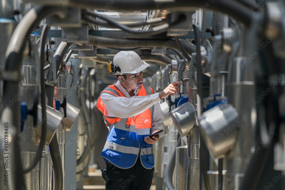 Engineers inspect gas and water pipes for power and cooling in industrial and building systems. workers in safety gear work seriously in oil and gas refining plant with pipes connecting to machinery. Engineers inspect gas and water pipes for power and cooling in industrial and building systems. workers in safety gear work seriously in oil and gas refining plant with pipes connecting to machinery.