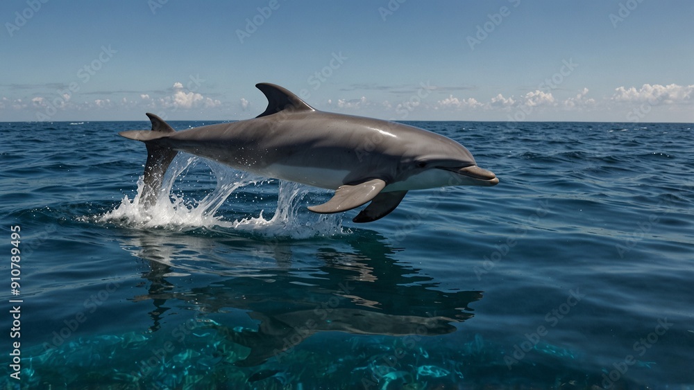 Naklejka premium A dolphin leaping in the blue ocean, surrounded by sparkling water and schools of fish.