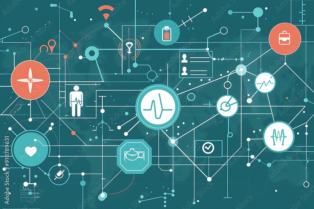 Abstract network design with icons of heart, pulse, and location. Abstract network design with icons of heart, pulse, and location.