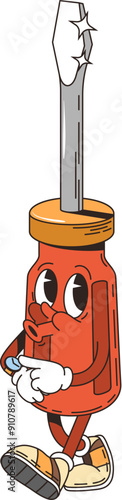Retro groovy screwdriver tool character. Isolated cartoon vector repair and working equipment, screwdriver personage with a relaxed expression, wearing sneakers, exuding a helpful and easygoing vibe