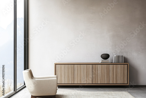 Elegant sideboard next to a large window in an apartment room. Interior design composition with copyspace. photo