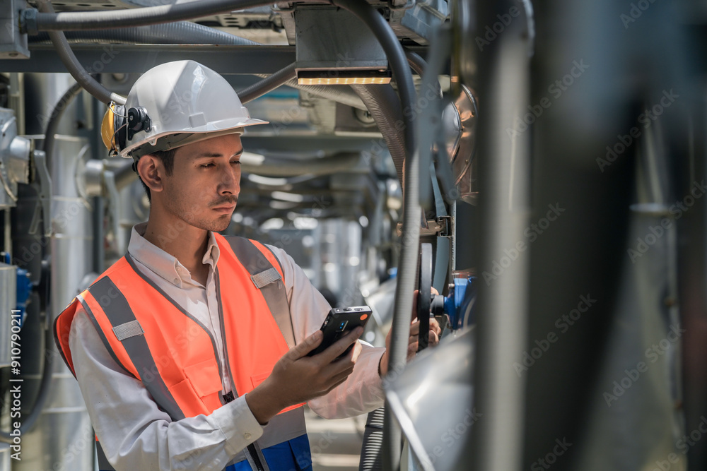 Engineers inspect gas and water pipes for power and cooling in industrial and building systems. workers in safety gear work seriously in oil and gas refining plant with pipes connecting to machinery. Engineers inspect gas and water pipes for power and cooling in industrial and building systems. workers in safety gear work seriously in oil and gas refining plant with pipes connecting to machinery.
