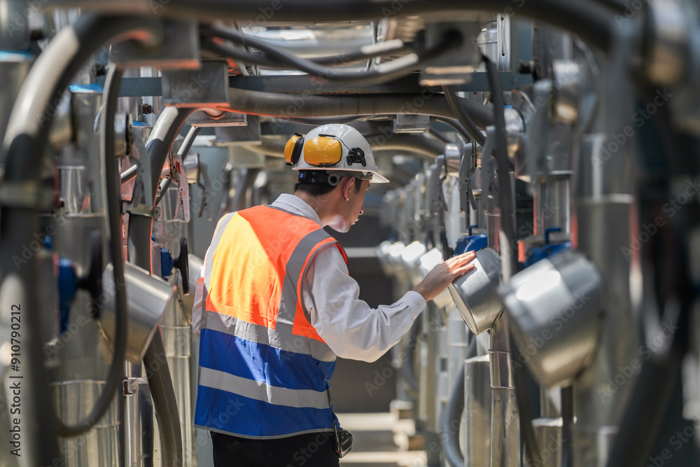 Engineers inspect gas and water pipes for power and cooling in industrial and building systems. workers in safety gear work seriously in oil and gas refining plant with pipes connecting to machinery. Engineers inspect gas and water pipes for power and cooling in industrial and building systems. workers in safety gear work seriously in oil and gas refining plant with pipes connecting to machinery.