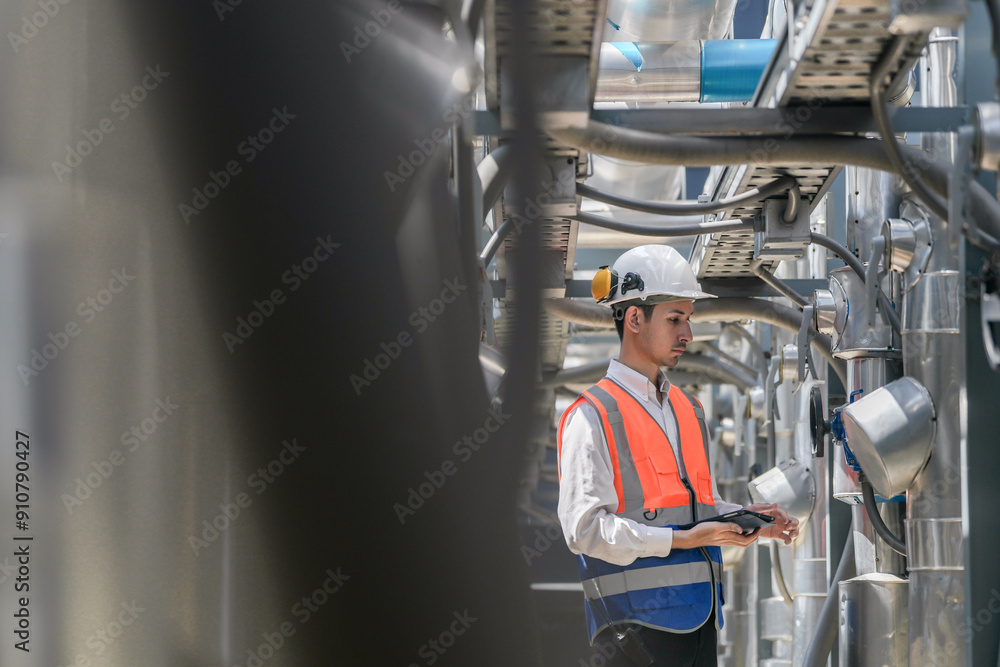 Engineers inspect gas and water pipes for power and cooling in industrial and building systems. workers in safety gear work seriously in oil and gas refining plant with pipes connecting to machinery. Engineers inspect gas and water pipes for power and cooling in industrial and building systems. workers in safety gear work seriously in oil and gas refining plant with pipes connecting to machinery.