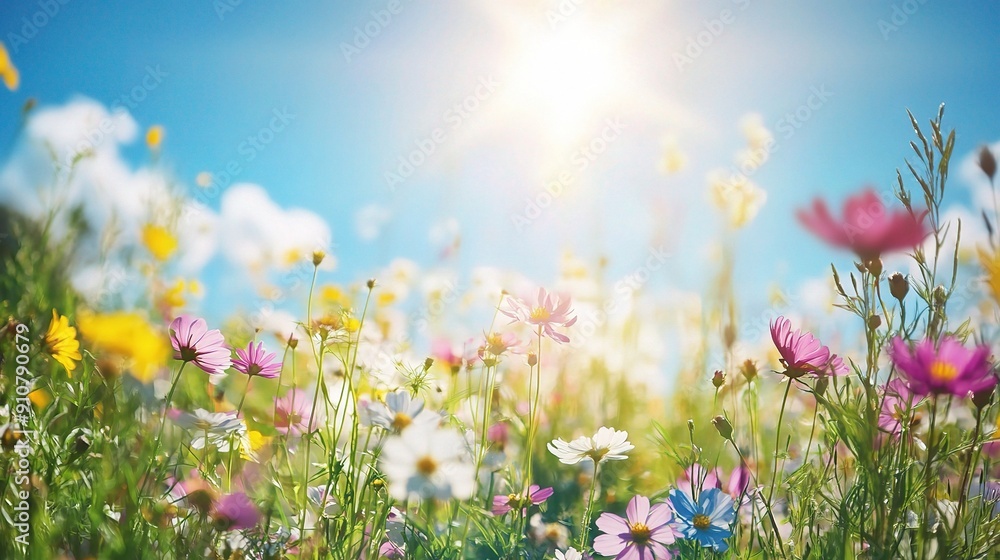 Sun-Kissed Meadow: A breathtaking vista of vibrant wildflowers bathed in golden sunlight, evokes a sense of tranquility and natural beauty Sun-Kissed Meadow: A breathtaking vista of vibrant wildflowers bathed in golden sunlight, evokes a sense of tranquility and natural beauty