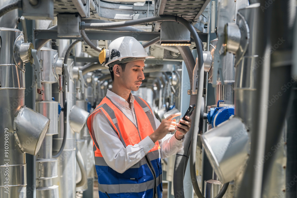 Engineers inspect gas and water pipes for power and cooling in industrial and building systems. workers in safety gear work seriously in oil and gas refining plant with pipes connecting to machinery. Engineers inspect gas and water pipes for power and cooling in industrial and building systems. workers in safety gear work seriously in oil and gas refining plant with pipes connecting to machinery.