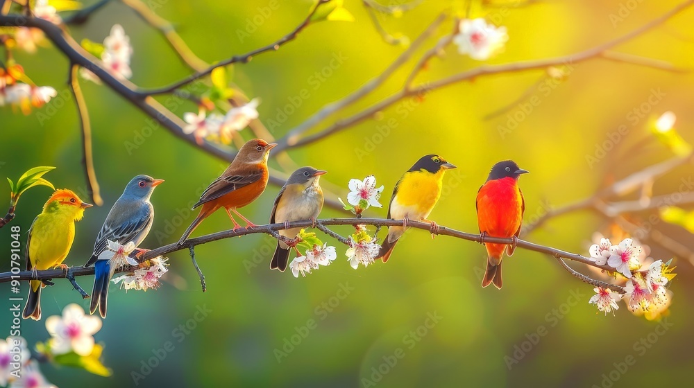 Springtime melodies fill the air as birds return from their migrations, singing cheerful songs Springtime melodies fill the air as birds return from their migrations, singing cheerful songs