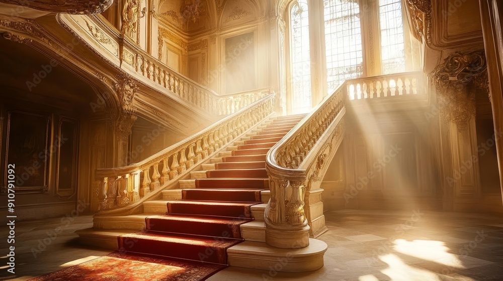 Grand staircase in luxury mansion with sunlight rays. Grand staircase in luxury mansion with sunlight rays.