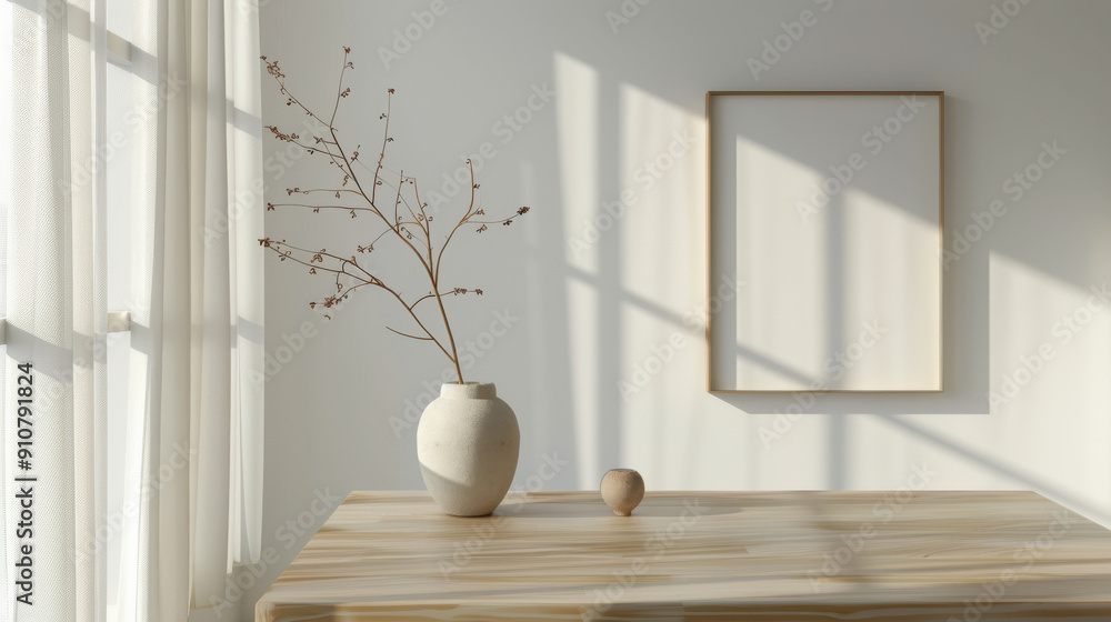 A minimalist interior with a sleek wooden table, modern vase centerpiece, and a large empty frame on the wall A minimalist interior with a sleek wooden table, modern vase centerpiece, and a large empty frame on the wall