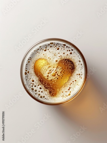 Top view of a glass of beer with foam in the shape of a heart photo