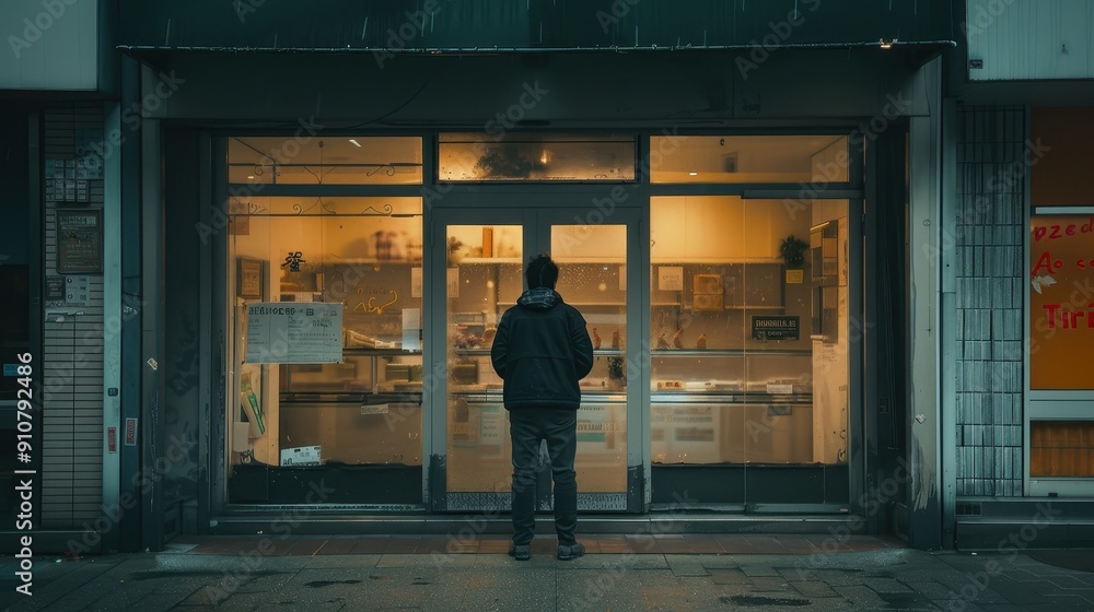A person gazes at a darkened shop window, highlighting a moment of reflection in the evening light A person gazes at a darkened shop window, highlighting a moment of reflection in the evening light