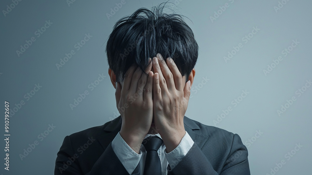 stress and problems , the businessman covers his face in horror with his hands stress and problems , the businessman covers his face in horror with his hands