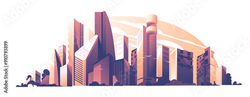 Sunset among skyscrapers. Panorama of tall buildings. Evening or morning pink and orange light. Vector illustration