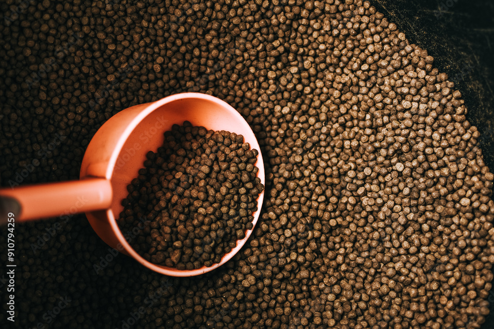 Dry food for animals. Animal food close-up top view. Granulated food for fish or dog. Copy Space background Dry food for animals. Animal food close-up top view. Granulated food for fish or dog. Copy Space background