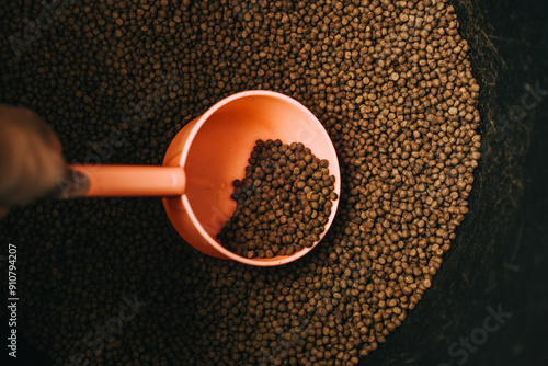 Pelleted feed in scoop for animals. Animal food close-up top view. Granulated food for dog or pelleted feed for fish . Copy Space background.
