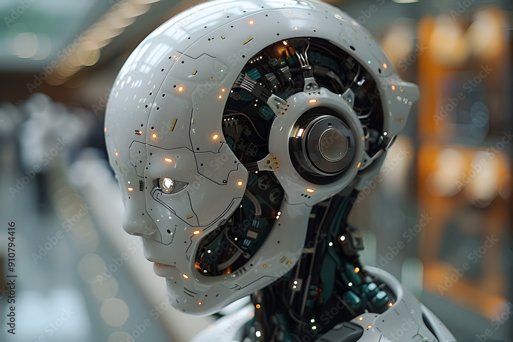 A robot head featuring a prominent glowing light, showcasing a futuristic design and advanced technology.
A robot head featuring a prominent glowing light, showcasing a futuristic design and advanced technology.