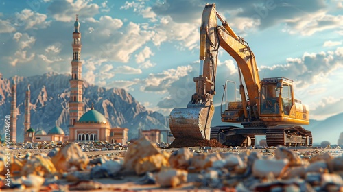 Excavator Working near a Mosque in a Mountainous Landscape