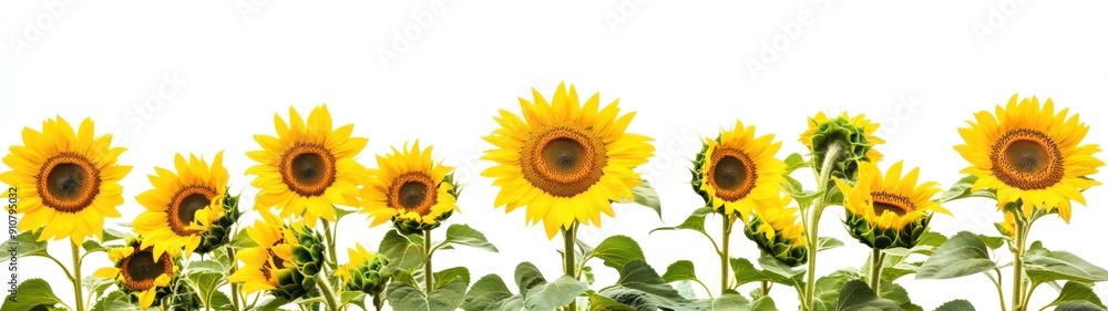A Row of Sunflowers in Bloom Against a White Background A Row of Sunflowers in Bloom Against a White Background