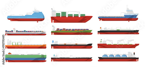 Cargo ships cartoon marine barge empty and with container side view set vector flat illustration