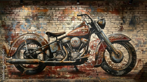 Vintage Motorcycle Mural on Brick Wall