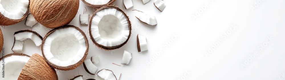 Coconut halves and pieces on a white background Coconut halves and pieces on a white background