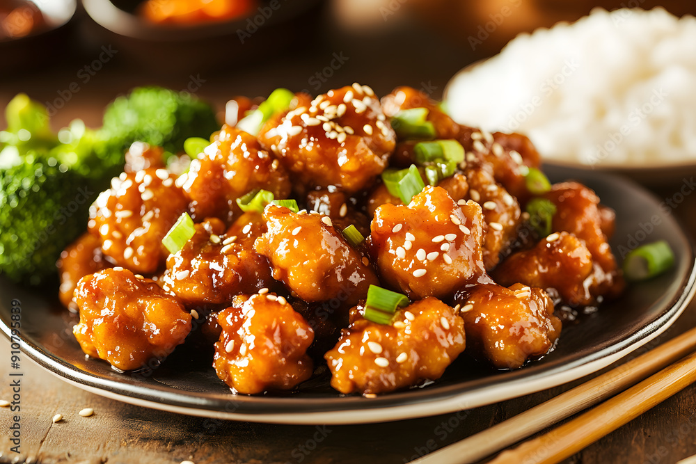 Tangy General Tso's chicken with sesame seeds and green onions served with rice and broccoli Tangy General Tso's chicken with sesame seeds and green onions served with rice and broccoli