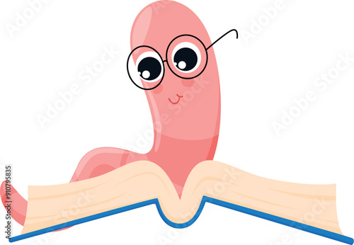 Bookworm funny cartoon character worm reading book vector flat illustration