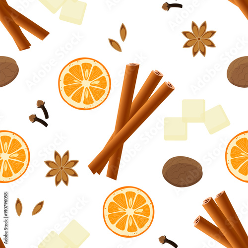 Cinnamon, orange, cloves, anise on a white background. Seamless pattern with mulled wine ingredients.