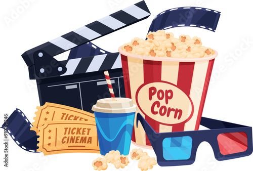 Cinema movie concept advertising poster with popcorn 3d glasses ticket and clapper vector isometric