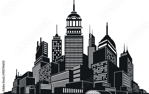 Cityscape modern megapolis skyscraper downtown perspective black silhouette isometric vector