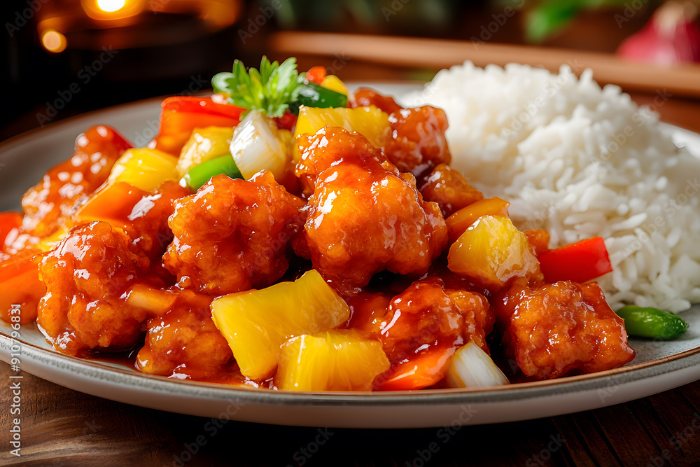 Sweet and sour pork with pineapple, bell peppers, and onions served with rice in a warm Chinese restaurant Sweet and sour pork with pineapple, bell peppers, and onions served with rice in a warm Chinese restaurant